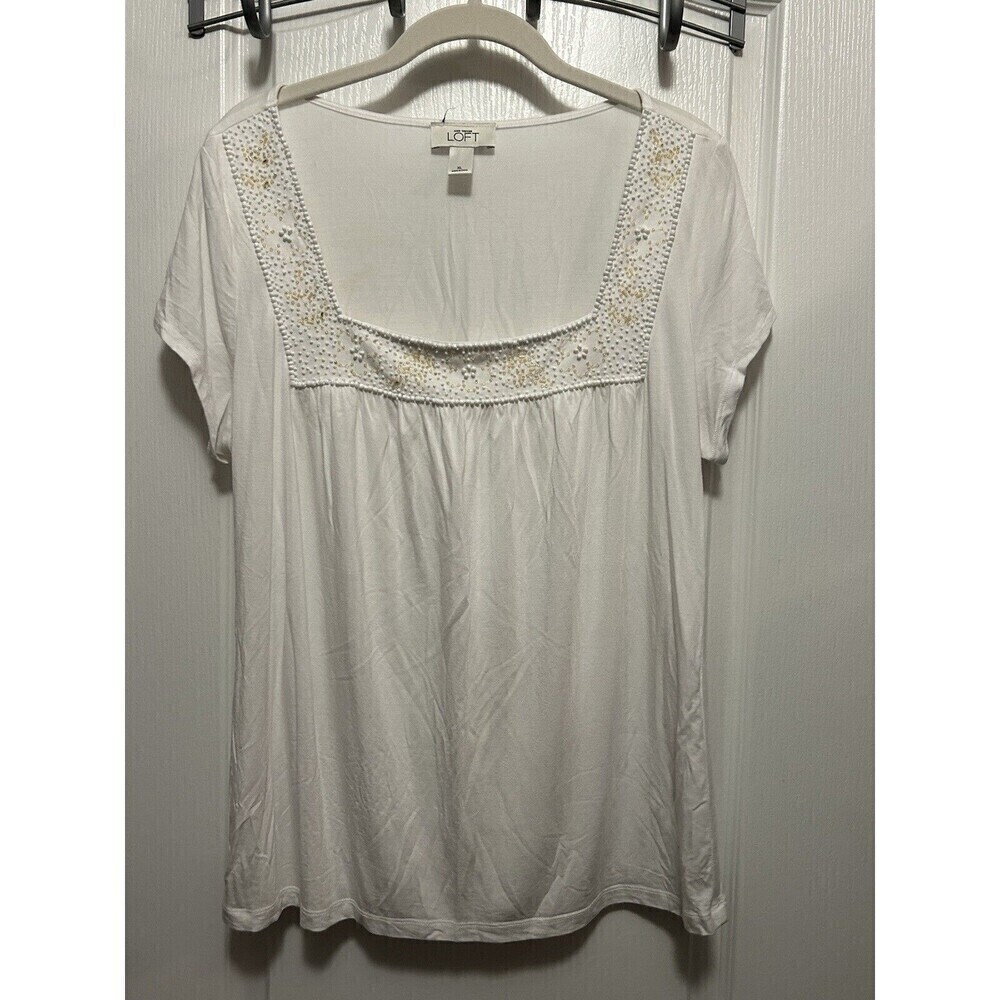 Ann Taylor LOFT Square Neck Beaded Top Women’s Size XL White Rayon Short Sleeve